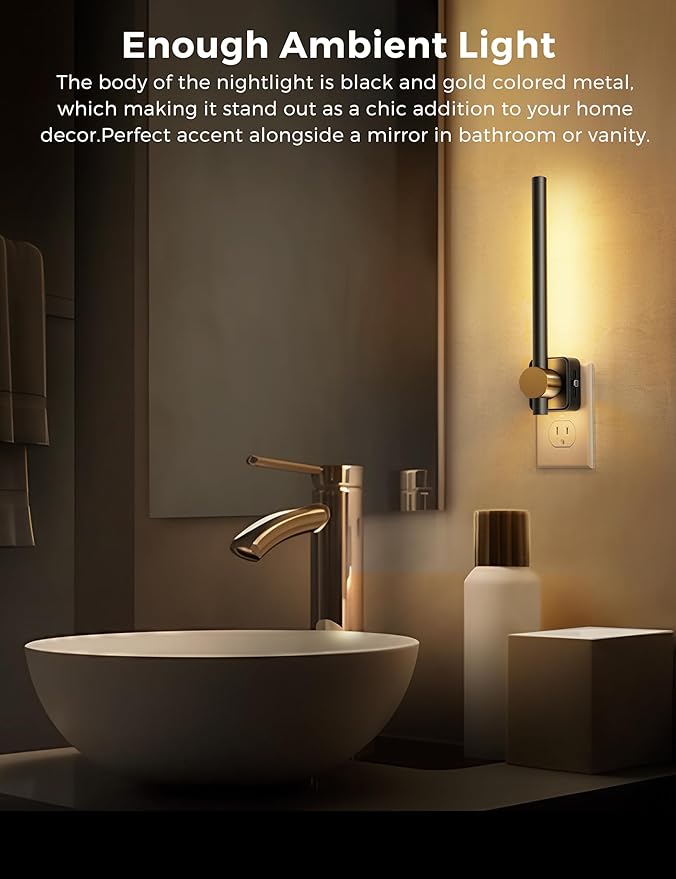 L LOHAS LED Night Light, Night Lights Plug into Wall, Dimmable Night Light 0-200LM, Nightlight Black and Gold Vanity Light Bar for Bathroom Bedroom, Soft White 3000K, Dusk to Dawn Sensor, 1Pack