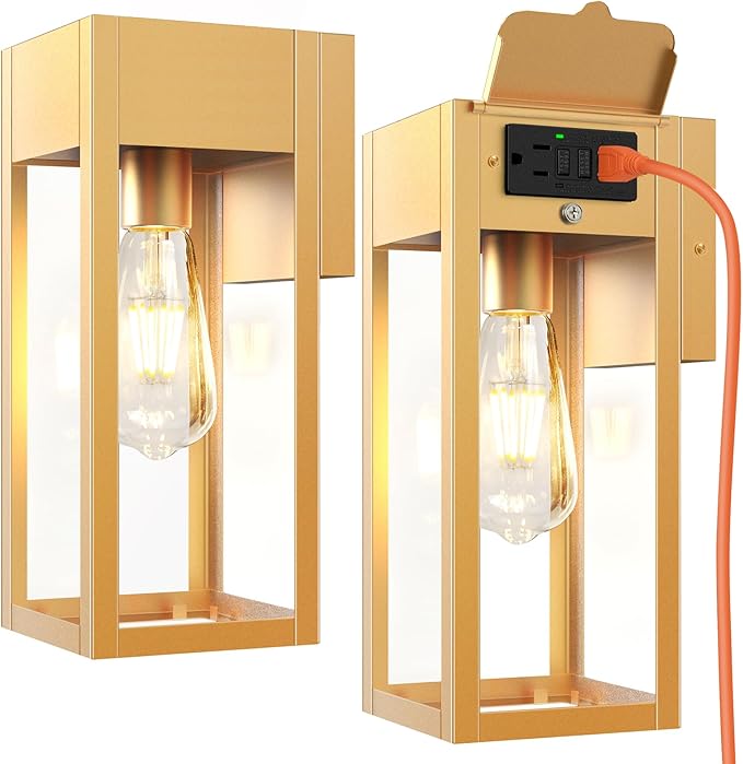 2 Pack Porch Lights Outdoor Wall Sconce, Outdoor Light with GFCI Outlet, Waterproof Exterior Wall Lantern Light Fixtures, Anti-Rust Wall Lamp with Clear Glass for Patio Doorway Garage- Gold
