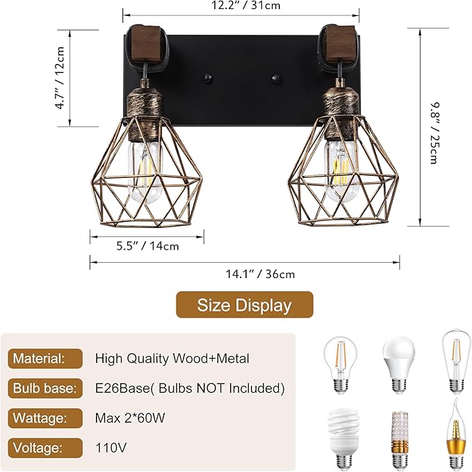 Farmhouse Vanity Light for Bathroom, 2-Light Black Gold Wood Bathroom Vanity Light Fixtures Over Mirror, Rustic Sconces Wall Lighting with Metal Lampshade for Living Room, Bedroom, Hallway