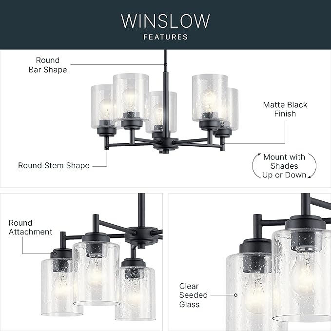 Kichler Winslow 19.75" 5-Light Chandelier Light with Clear Seeded Glass in Black for Kitchen, Bar, Dining Room, Living Room (19.75" x 16.25"), 44030BK