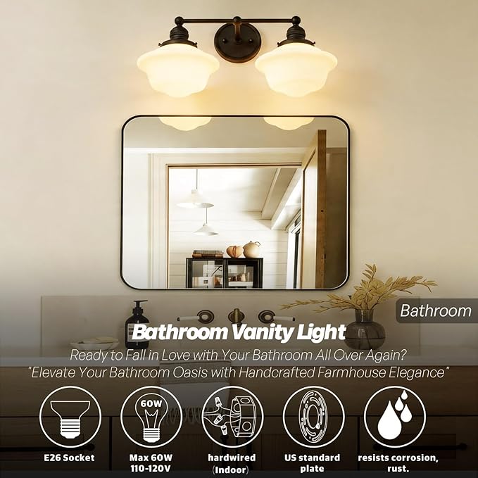 Vintage 2-Lights Wall Sconce Lights Black Bathroom Vanity Light with Milk Glass Double Sconce Wall Mounted Lamp for Bedroom Living Room Bathroom Mirror Kitchen Hallway Hardwire