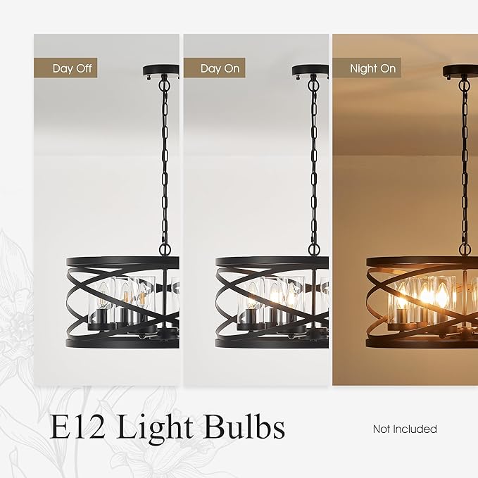 6-Light Farmhouse Drum Pendant Light,21.65'' Nature Wood Texture Vintage Rustic Chandeliers Black Metal Industrial Glass Shade Hanging Light Fixtures for Entryway, Bedroom Dining Room
