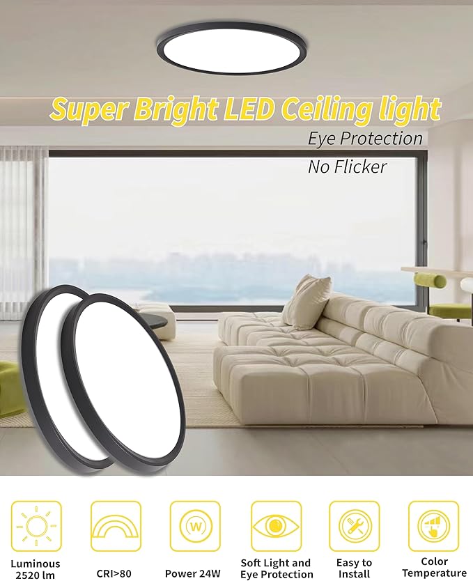4Pack 12 Inch Dimmable Led Flush Mount Ceiling Light Fixture,Black Round 24w 3000K-6000K, 5CCT Selectable, Modern Flat Panel Super Slim Led Ceiling Light,for Living Dining Kitchen Bedroom Room office