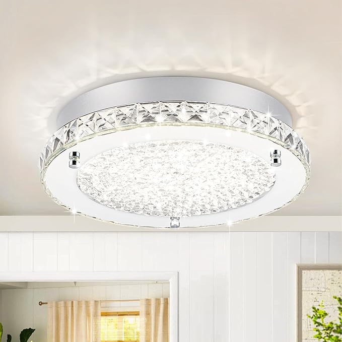 Flush Mount Ceiling Light LED Crystal Ceiling Light Fixture Modern 13 Inch Kitchen Lighting Fixtures Ceiling for Bedroom, Hallway, Porch, Dimmable and 3 Color Change