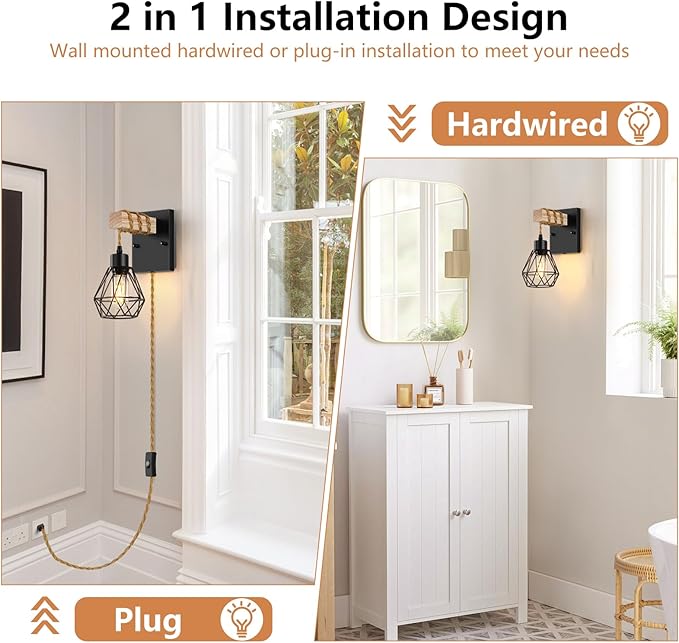 Lomoky Farmhouse Wood Wall Sconces with Plug in Cord, Black Wall Sconces Set of Two, Wall Lamps that Plug into Wall Outlet, Vintage Sconce Lighting Wall Decor for Bedroom Living Room, with 5.58FT Cord