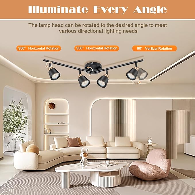 GORDNWE Track Lighting Fixtures Ceiling: LED Spot Lights Indoor 4 GU10 Flexible Heads Black Vintage Adjustable Compatible with Dimmable Bulbs Overhead Directional Lights Foldable for Kitchen Hallway