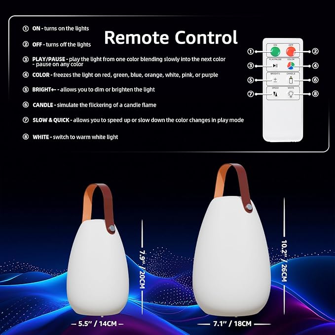 uuffoo 2 Pack Rechargeable Portable Table Lamp, Cordless RGB Lantern with Remote, Decorative LED Night Light, IP44 Waterproof Indoor Outdoor Lamp for Bedroom Patio Garden Wedding Party