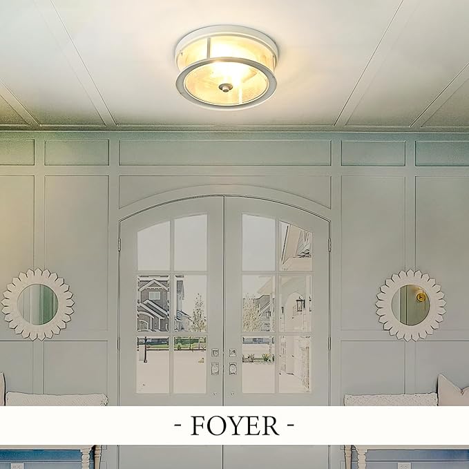 White Flush Mount Ceiling Light Fixture, 2-Light with Seeded Glass White Ceiling Light Fixture for Bedroom, Indoor Outdoor Ceiling Lights for Porch Hallway Kitchen