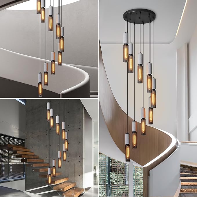 9-Light Concrete Linear Black Pendant Light with a Metal Mesh Shade,Staircase Large Chandelier Lobby Living Room Bedroom Foyer High Ceiling Chandelier