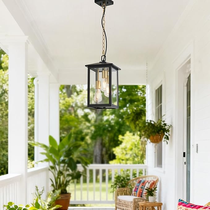 Large Outdoor Light Fixture,Pendant Light with Clear Glass Shade,3-Light Black&Gold Exterior Hanging Lantern for Front Porch Entrance Foyer Entryway (Bulb Not Included)