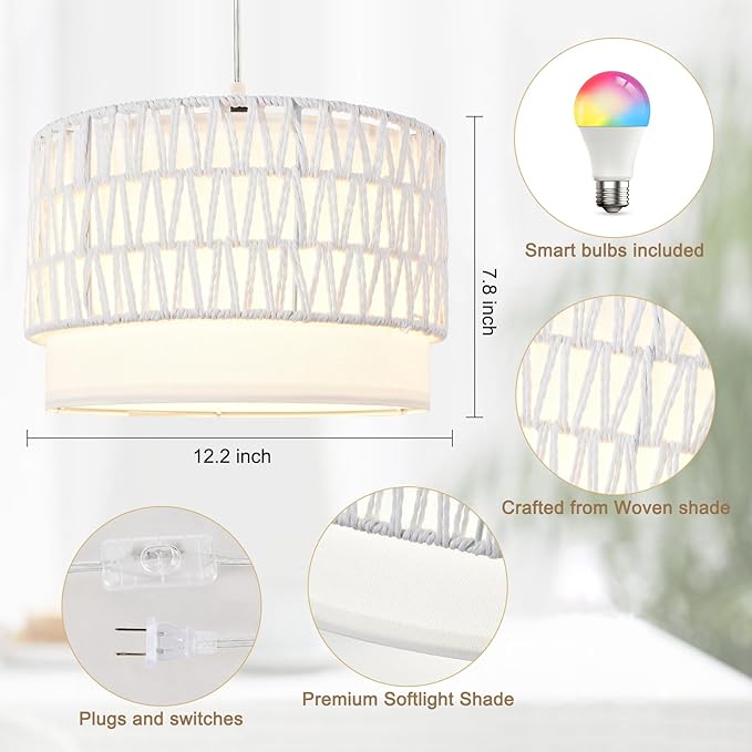 ZSLAIFU Hanging Lamp Plug in Pendant Light, 15FT White Hanging Lights with Plug in Cord, Hanging Light with Bulb and Remote, Hanging Lamps for Bedroom, Living Room, Kitchen, Farmhouse