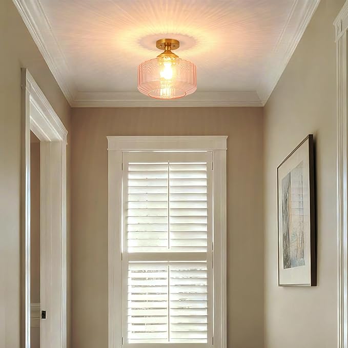 11.8in Semi Flush Mount Ceiling Light Fixture, Vintage Striated Glass Kitchen Lighting Fixtures Ceiling Mount for Entryway Hallway Bedroom Dining Room Bathroom Foyer Laundry (Pink)
