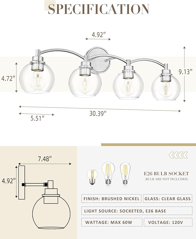 4-Light Bathroom Light Fixture, Brushed Nickel Vanity Light Over Mirror, Globe Glass Wall Sconce, VL02BN-4