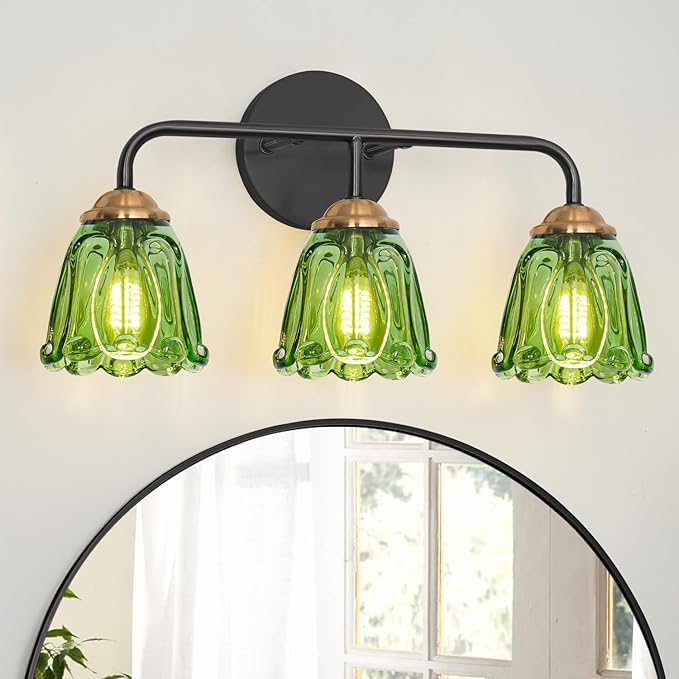 Vintage 3 Light Vanity Light, Black and Gold Bathroom Vanity Light, Bathroom Light Fixtures with Green Glass Shade, Antique Vanity Light Fixtures Over Mirror, Wall Sconce for Bedroom, Living Room