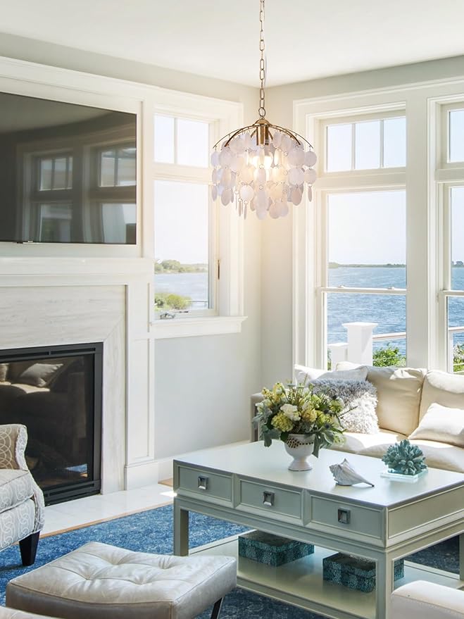 Capiz Shell Pendant Light, 12.6” Gold Coastal Hanging Chandelier, Adjustable Height up to 51”, E26 Hardwired Ceiling Light for Living Room, Dining Room, Bedroom, Entryway