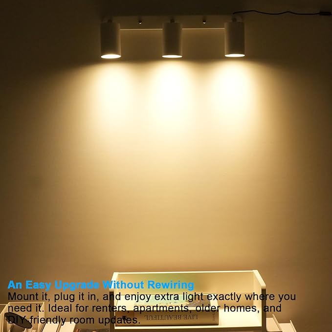 Plug in Track Lighting Track Light Fixtures with Power Cord Wall Spotlight Flexibly Rotatable Heads Plug in Ceiling Lights for Kitchen Cabinet Gallery Bar Living Room 15W 3000K(White, 3 Heads)