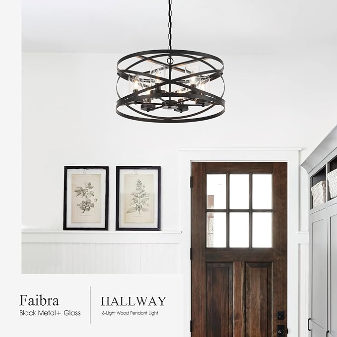6-Light Farmhouse Drum Pendant Light,21.65'' Nature Wood Texture Vintage Rustic Chandeliers Black Metal Industrial Glass Shade Hanging Light Fixtures for Entryway, Bedroom Dining Room