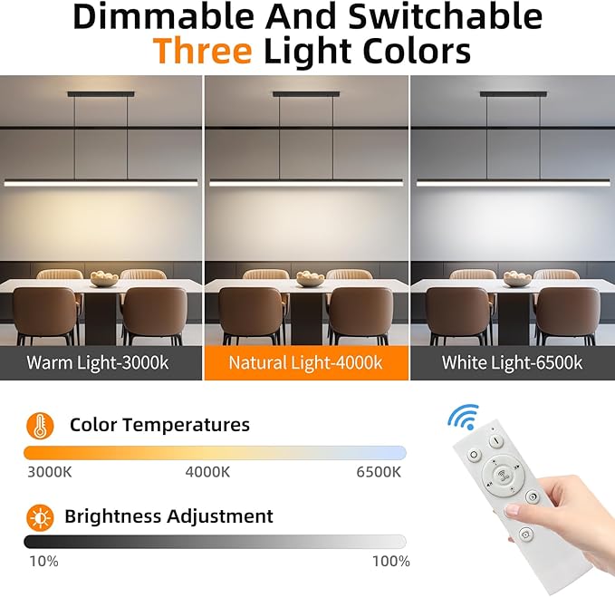 Modern Linear Pendant Light, 39IN Modern Chandelier with Remote Control 3000k-6500K Adjustable Color Temperature，Aluminum Island Lighting Lamp for Dining Room, Living Room