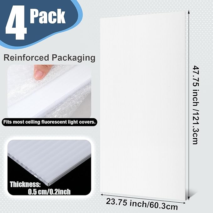 Pushglossy 4 Pack 23.75" x 47.75" x 0.2" Fluorescent Light Covers Polycarbonate Diffuser Panels Replacement for 2x4ft Drop Ceiling Light Fixture for Classroom Office Commercial Use (Milky White)