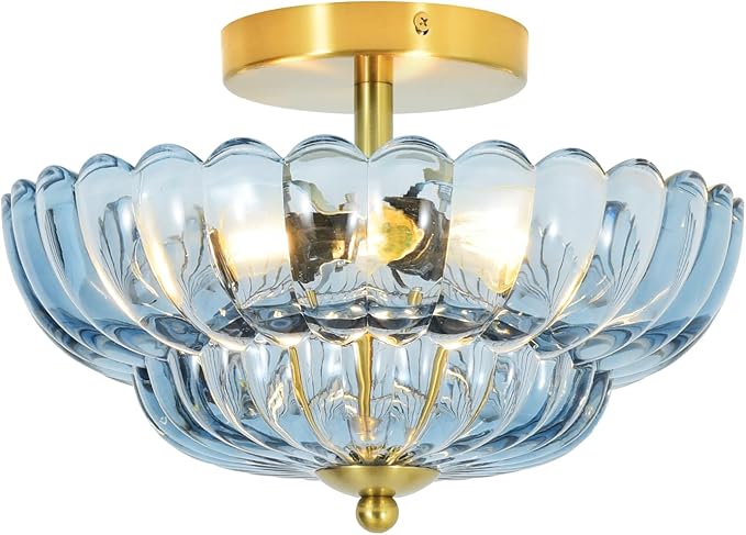 11.8 inch Kitchen Ceiling Light, 3-Light Semi Flush Mount Ceiling Lamp with Flower Glass, Modern Close to Ceiling Light Fixtures for Bathroom Bedroom Hallway Entryway, Blue