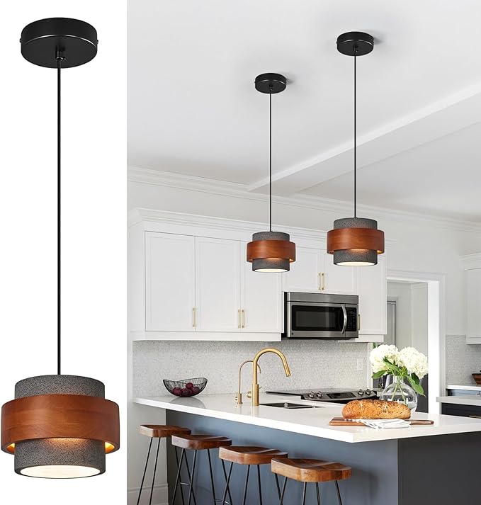 Modern Cement Pendant Light Fixture,Concrete Pendant Lights with Wood Accent,Vintage Farmhouse Chandelier for Kitchen Island Dining Room Living Room Bedroom Restaurant Cafe,(Black 1-Pack)