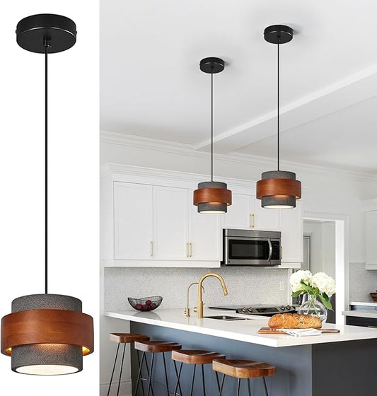 Modern Cement Pendant Light Fixture,Concrete Pendant Lights with Wood Accent,Vintage Farmhouse Chandelier for Kitchen Island Dining Room Living Room Bedroom Restaurant Cafe,(Black 1-Pack)