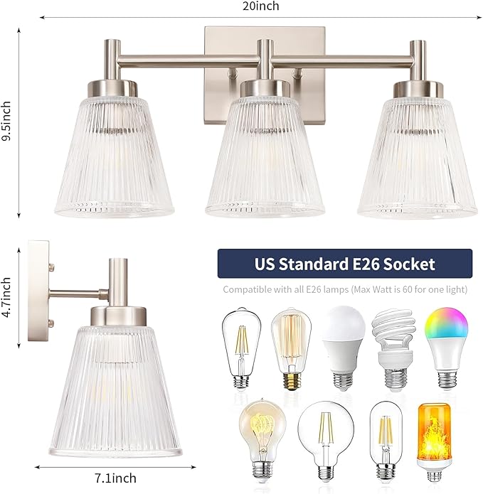 OCIOC Nickel Bathroom Vanity Light 3-Light Bathroom Light Fixtures Over Mirror Vanity Lighting Fixtures with Striped Glass Shade,17inch Modern Vanity Lights for Bathroom Wall Sconce Lights for Bedroom