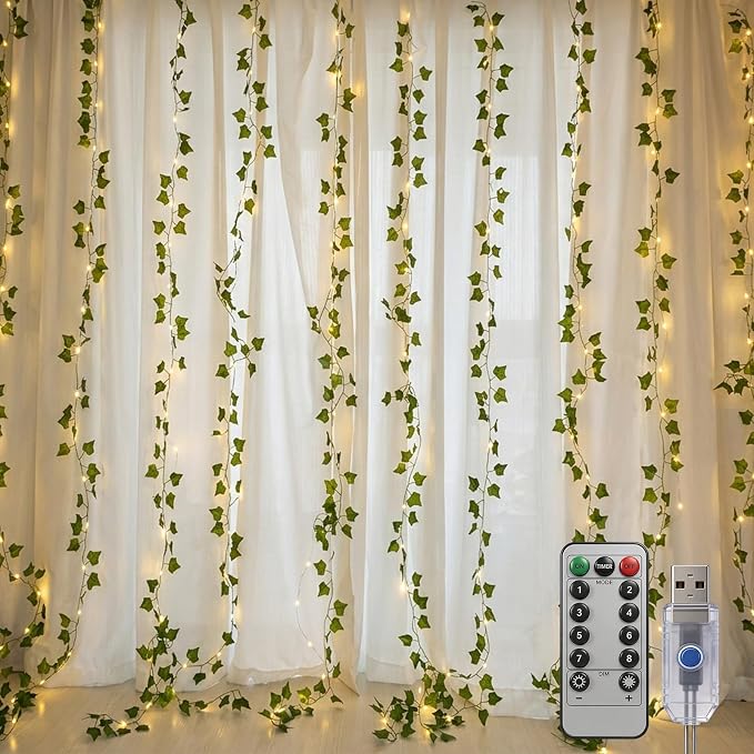 Bexdir 200 LED Curtain Vine Lights for Bedroom Decoration, 6.6x6.6ft Pre-Assembled Hanging Fake Vines with Fairy Lights USB Powered, Aesthetic Artificial Ivy Lights for Room Wall Decor