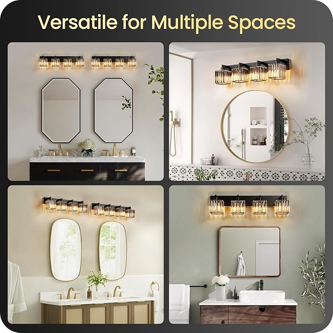 Modern Crystal Vanity Light, 4-Light Bathroom Light Fixture, 30.7"Square Vanity Lighting Fixture, E26 Base, Bulbs Not Included, for Bathroom,Vanity Light Over Mirror, Hallway,Black B11BD05W1