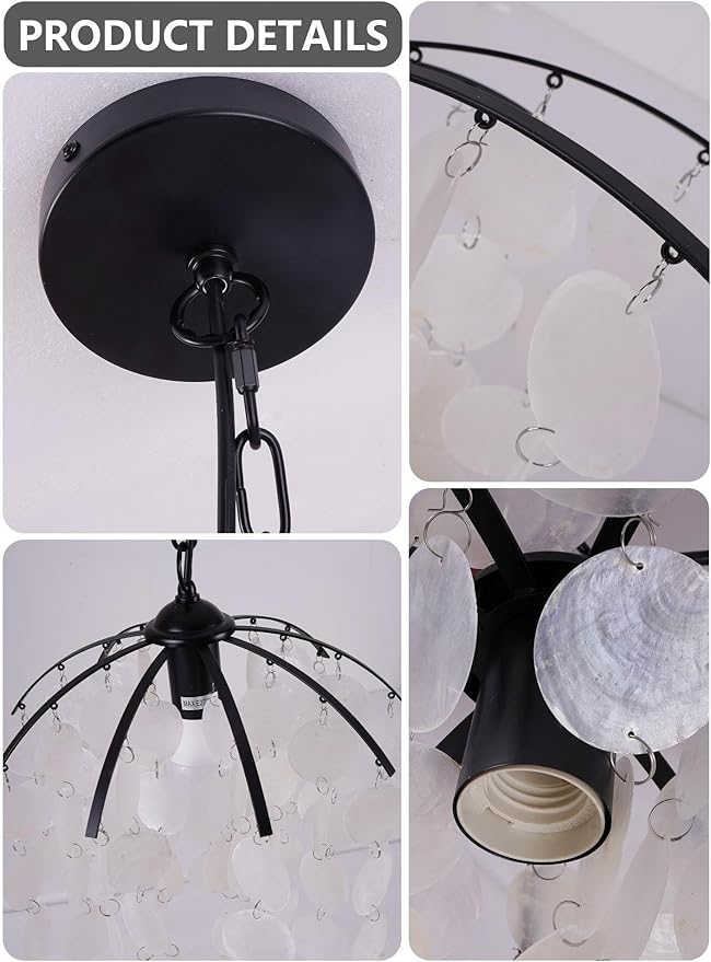 Capiz Shell Pendant Light, 12.6” Black Coastal Hanging Chandelier, Adjustable Height up to 51”, E26 Hardwired Ceiling Light for Living Room, Home Office, Bedroom, Boutique