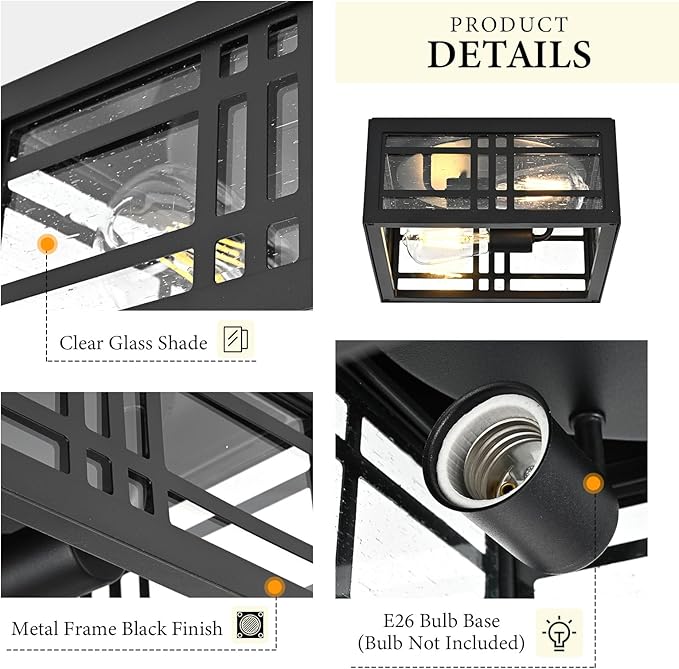 Square Ceiling Light Fixture Flush Mount Ceiling Light Black 2-Light with Seeded Glass, Industrial Ceiling Light Fixture for Kitchen Hallway Porch