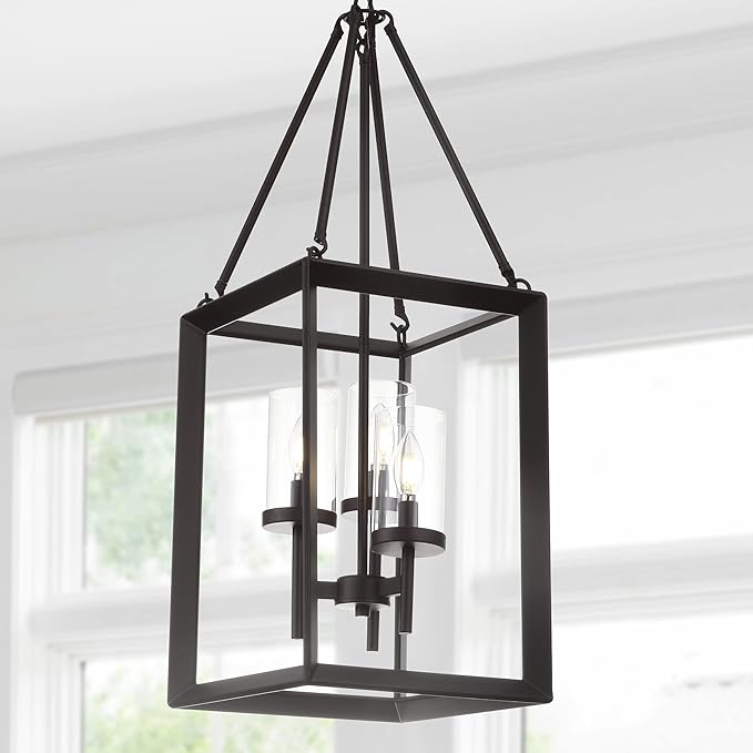 JONATHAN Y 12" Oil Rubbed Bronze 3-Light Lantern Pendant, LED Ceiling Light for Foyer Kitchen Island Entryway, Traditional Metal Fixture with Clear Glass Shade, ETL Listed JYL7412A