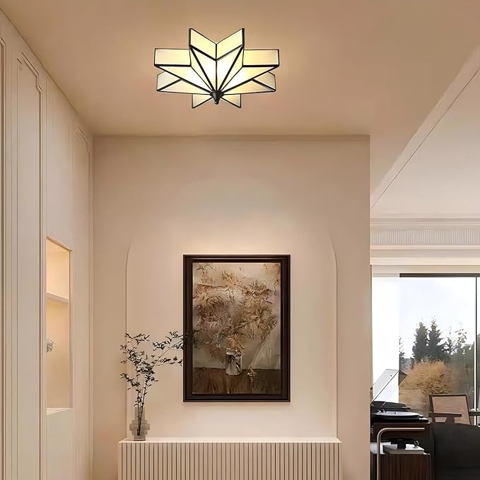 LIGHTLAND 19.7 Inch Flush Mount Star Ceiling Light, 4 Lights Brass Ceiling Lamp with Glass Lampshade, Art Deco Close to Ceiling Light Fixtures for Bedroom Living Room Entryway Hallway, Black