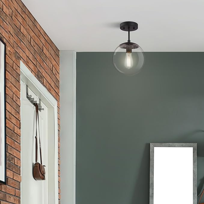 Design House 588517 Gracelyn Modern Indoor Dimmable Semi-Flush Ceiling Light with Clear Seedy Glass Globe Shade for Kitchen Hallway Bedroom, Matte Black