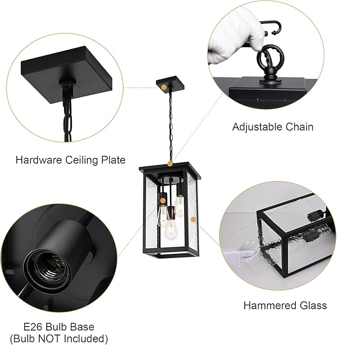TODOLUZ Large 3-Light Outdoor Pendant Light Fixture, Exterior Hanging Porch Lighting with Hammered Glass, Adjustable Long Chain & E26 Bulb Base