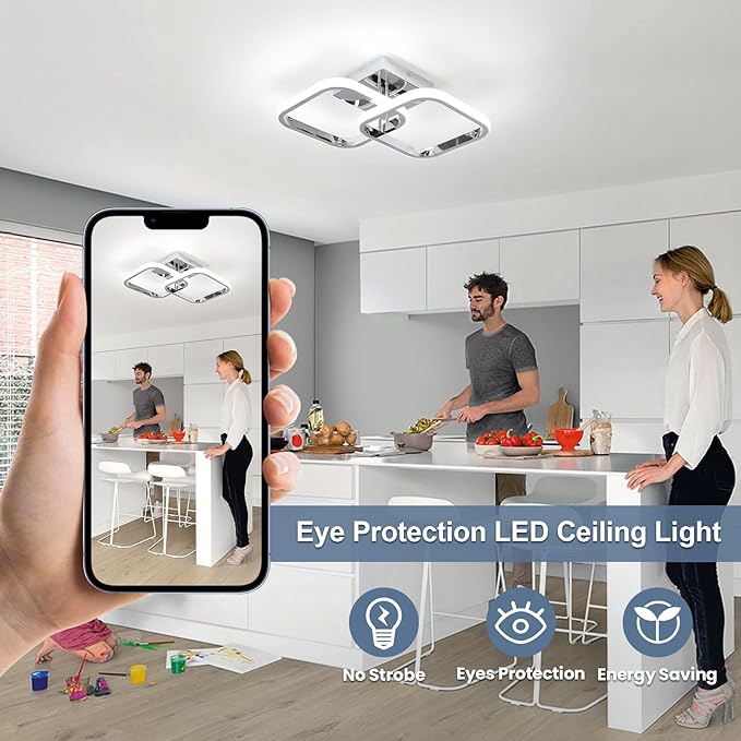 CANEOE 2 Packs Led Ceiling Light Fixture,Modern Hallway Light Fixtures Ceiling Lighting,Square Close to Ceiling Lights for Bathroom Bedroom Kitchen Balcony Stair Small Hallway Lamp (Chrome)