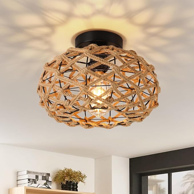 Rattan Ceiling Light Fixtures, Woven Wicker Semi Flush Mount Ceiling, Coastal Boho Rattan Light for Farmhouse Bedroom Hallway Entryway Kitchen