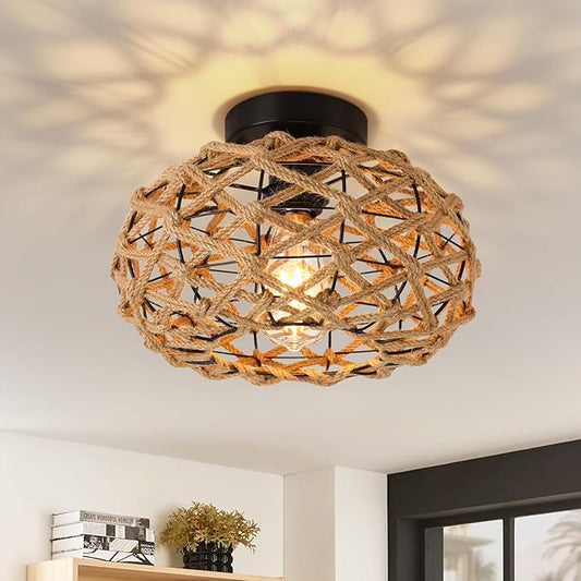 Rattan Ceiling Light Fixtures, Woven Wicker Semi Flush Mount Ceiling, Coastal Boho Rattan Light for Farmhouse Bedroom Hallway Entryway Kitchen
