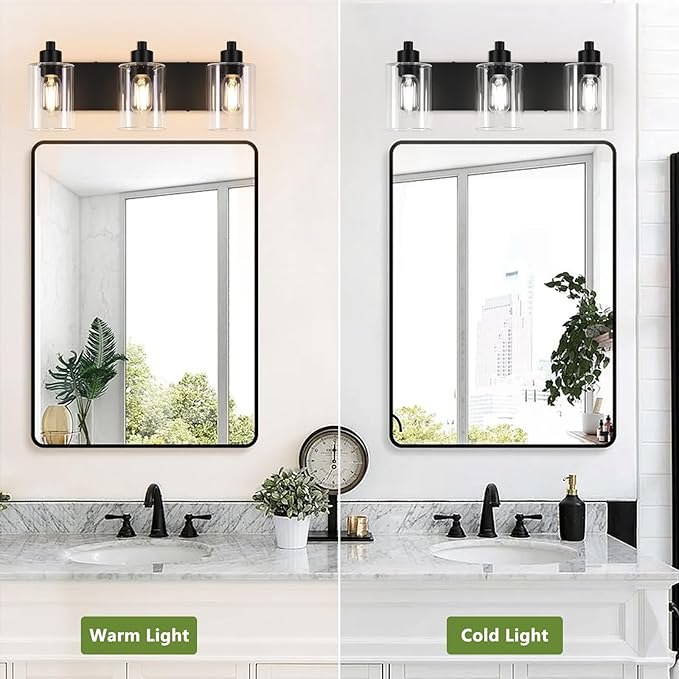 Dpyrrhic Bathroom Light Fixtures,Matte Black 3-Light Bathroom Lights Over Mirror with Clear Glass Shade,Wall Sconces for Kitchen Living Room Bedroom