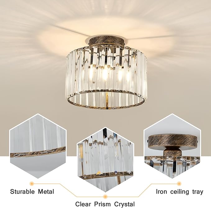 CVKASH 2 Pack Bronze Crystal Semi Flush Mount Ceiling Light Vintage Mini Ceiling Light Fixture Metal Close to Ceiling Lamp for Hallway Kitchen Living Room Bathroom Entryway Bedroom Closet