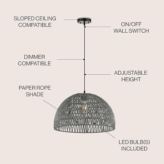 JONATHAN Y 20" Gray Modern Bohemian Woven Rope LED Pendant Light Fixture, Adjustable Dome Ceiling Lamp for Kitchen Island, Rope Shade, Coastal Farmhouse Decor (JYL6504D)