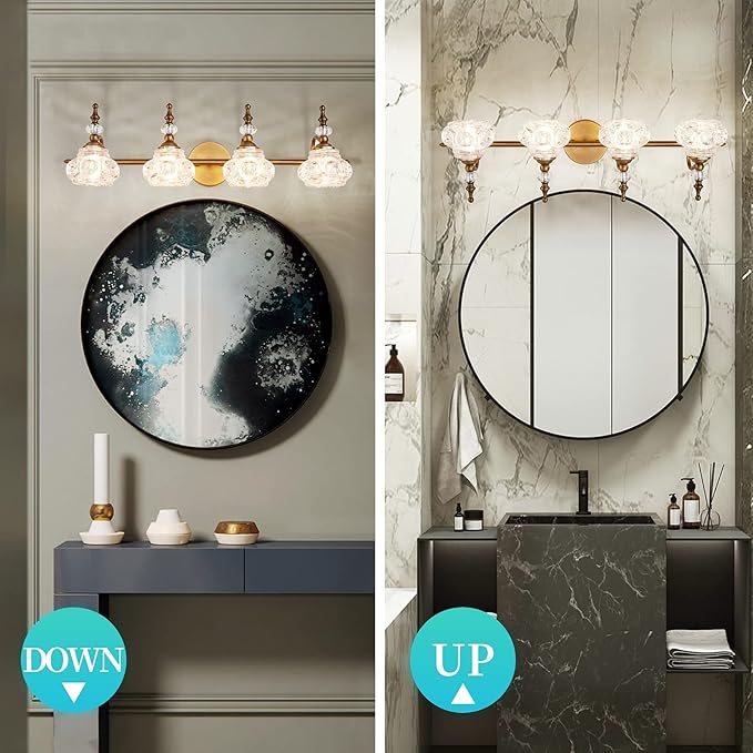 Vintage Vanity Light Fixtures, 4-Light Bathroom Lighting with Crystal Glass Lampshade, Matte Brushed Antique Brass Finish, Vanity Lights for Bathroom Bedroom Hallway