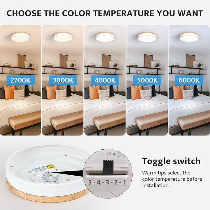 WOKNOS Dimmable Wood Ceiling Light Fixture 2700K-6000K 5CCT Modern White LED Flush Mount Ceiling Light Minimalist Circle Close to Lighting Fixture for Bedroom Kitchen Bathroom Laundry Room 11.81 Inch