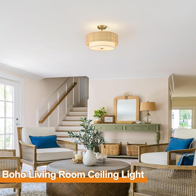 Semi Flush Mount Ceiling Light, 16" Gold Light Fixtures Ceiling Mount, 3-Light Boho Rattan Linen Drum Light Fixture, Modern Farmhouse Chandelier for Bedroom Entryway Living Room Hallway Foyer
