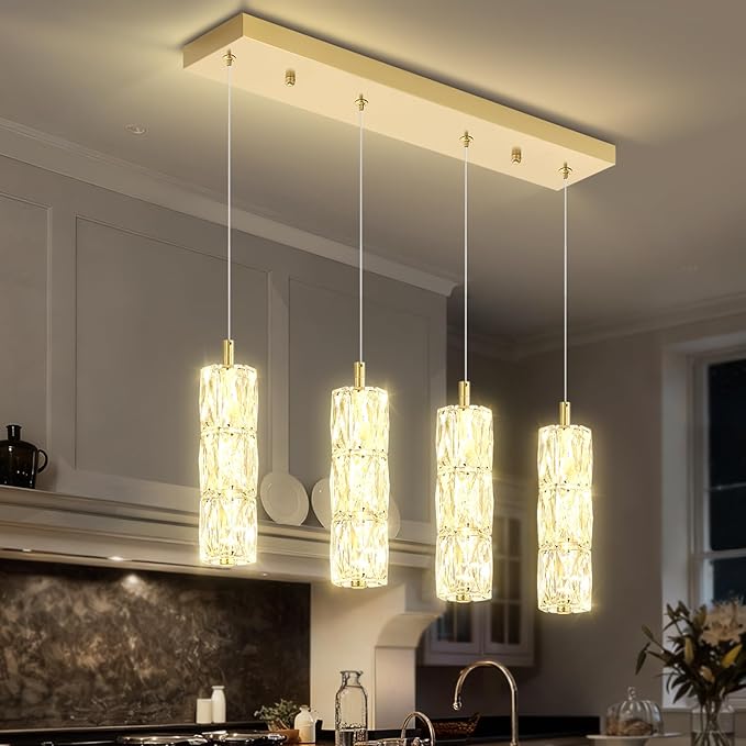 ykolupty Rectangle Crystal Pendant Lights LED Dimmable Pendant Ceiling Lighting Modern Linear Chandelier for Dining Room Hallway Gold