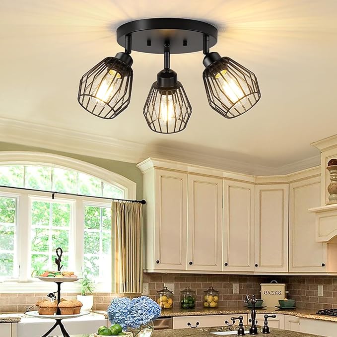 3-Light Kitchen Light Fixtures Ceiling Mount, Adjustable Multi-Directional Farmhouse Black Metal Cage Flush Mount Ceiling Light Fixtures for Hallway Dining Room Entryway