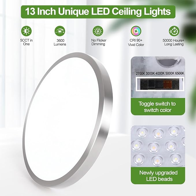 2-Pack 36W Dimmable LED Ceiling Light Fixture, 13 inch 3600lm Super Bright Modern Flush Mount Light Fixtures, 2700K/3000K/4000K/5000K/6500K Adjustable Brushed Nickel Ceiling Lamp for Bathroom Bedroom