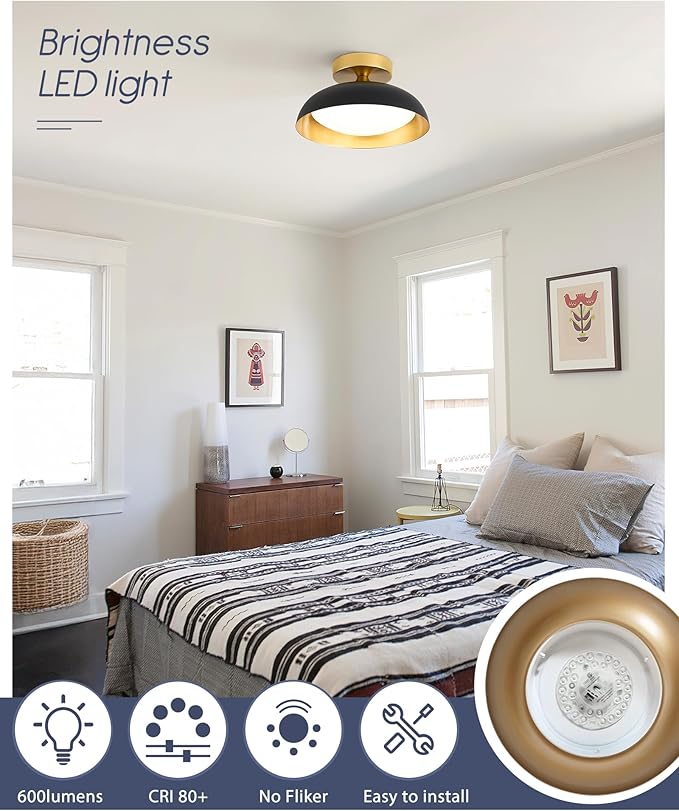 kudos Flush Mount Ceiling Light, 9.5inch LED Ceiling Light Fixture, Black and Gold Finish, 12W 600lm Modern Hanging Light Fixtures for Living Room, Bedroom, Hallway, 5CCT Adjustable, KDCL01-BK-S