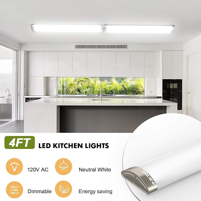 Dimmable 4FT LED Kitchen Puff Ceiling Lights, 40W, 4800LM, 4000K, 4 Foot LED Linear Fixture 48 Inch Flush Mount Wraparound Shop Light for Garage, Office, Fluorescent Tube Replacement