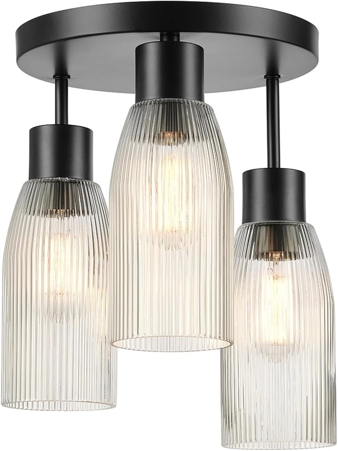 Globe Electric 66000133 3-Light Flush Mount Ceiling Light, Matte Black, Clear Ribbed Glass, Home Improvement, Dining/Kitchen
